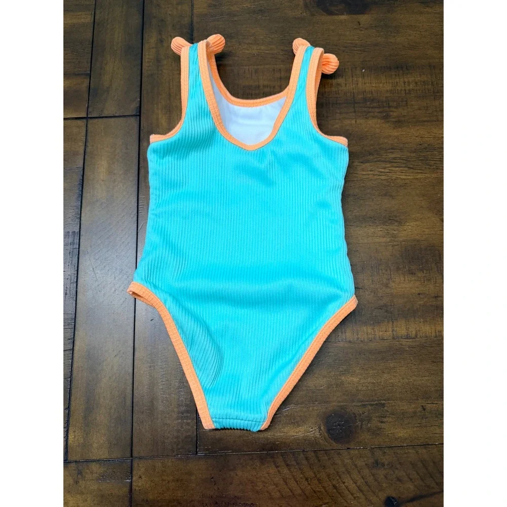Cat & Jack Girls 2T Aqua Blue Orange Ribbed One Piece Swimsuit w/ Shoulder Bows